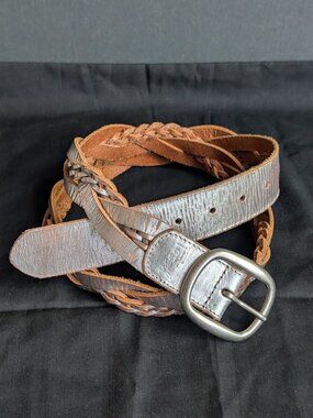 Fossil Womens Brown Silver Metallic Braided Leather Waist Belt Casual Size: L
